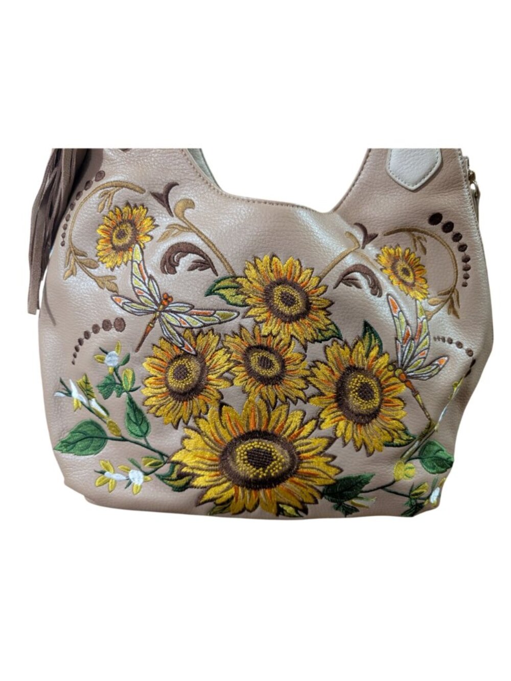 Sharif Sunflower Embroidered Beige Leather Shoulder Bag Purse w/ Wristlet - Picture 2 of 12